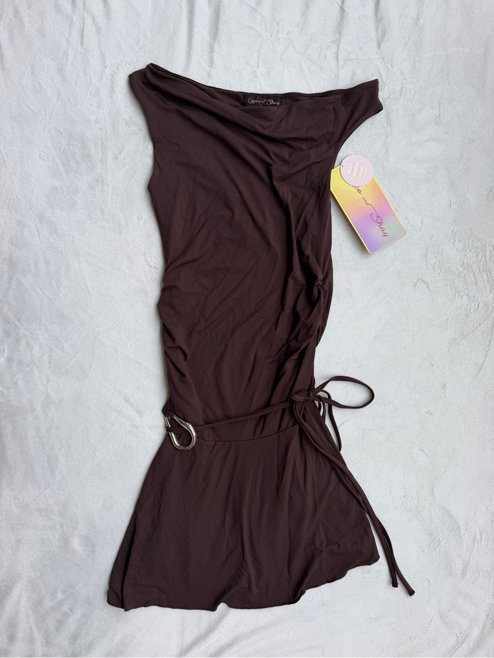 Coco and Shay Off the Shoulder Brown Drop Waist Mini Dress
